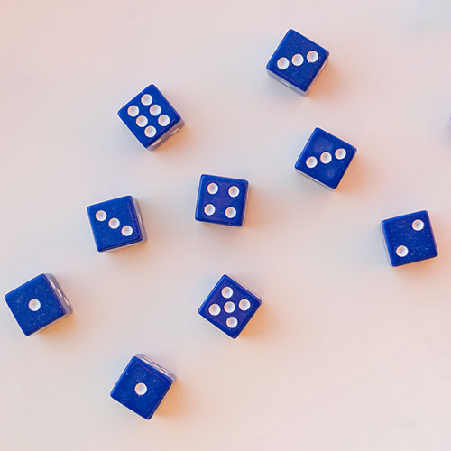 Group of 9 dice on white background