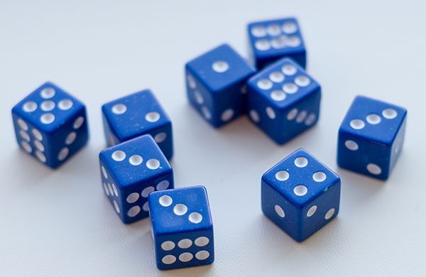 Group of 9 dice on white background