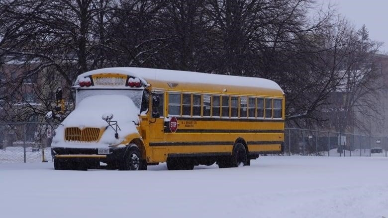 Two school buses with snow on their windshields outside a school.