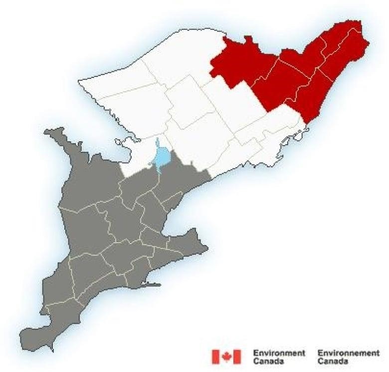 A colour-coded map of southern Ontario is red around Ottawa.