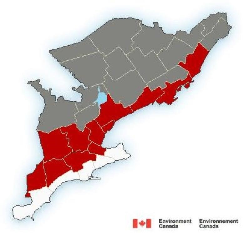 A colour-coded weather map of southern Ontario, with red to the south and grey to the north.