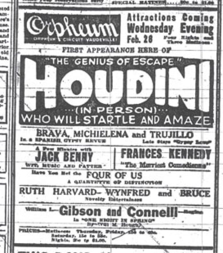 A newspaper clipping from the Vancouver Sun reads "The Genius of Escape, Houdini, In person, who will startle and amaze." 