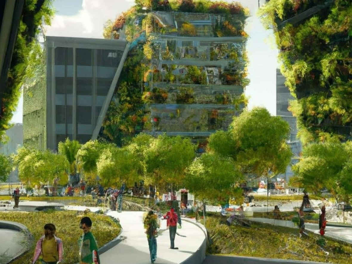 green space with a grey building full of plants and people walking on a sidewalk in the park