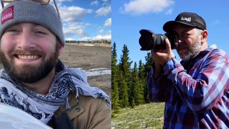 a guy takes a selfie in a photo on the left, he is smiling and has a grey hat. on the right a man in a flannel takes a photo with a dslr