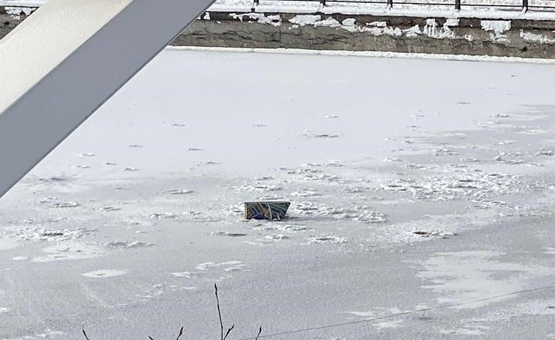 The Mainstreeter newspaper box seen from a distance lying face-down on the frozen surface of the canal.