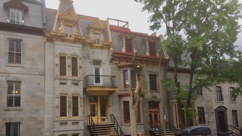 A row of greystone buildings in Montreal 