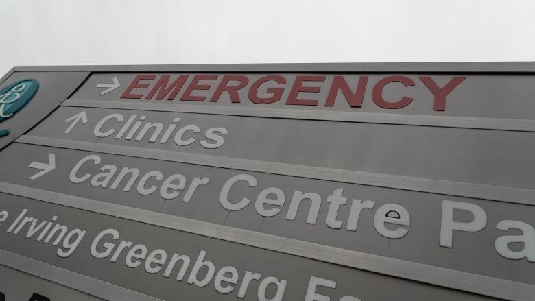 A sign pointing people to various hospital departments, with the emergency department at the top in red.