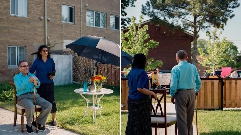 A collage of two images. On the left, a smiling man holding a cane sits in a backyard. A smiling woman stands next to him. On the right, a couple looks out as people gather in a backyard.