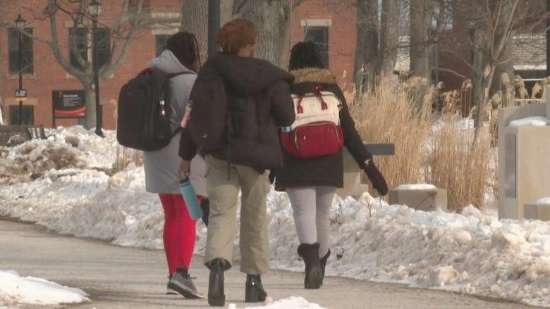 Three students with heavy backpacks walk along a snowy path. 