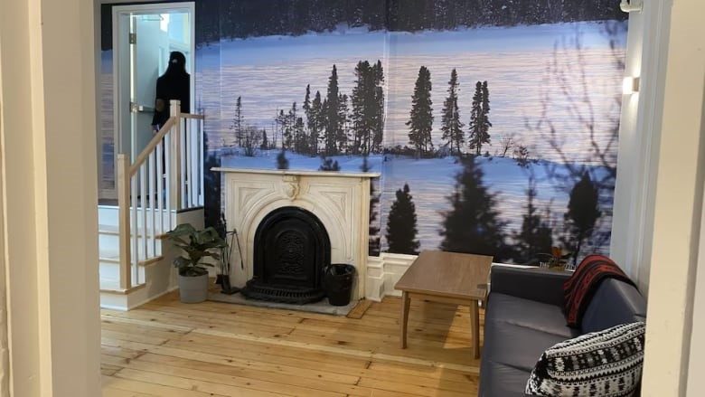 A living room decorated with winter-themed images.