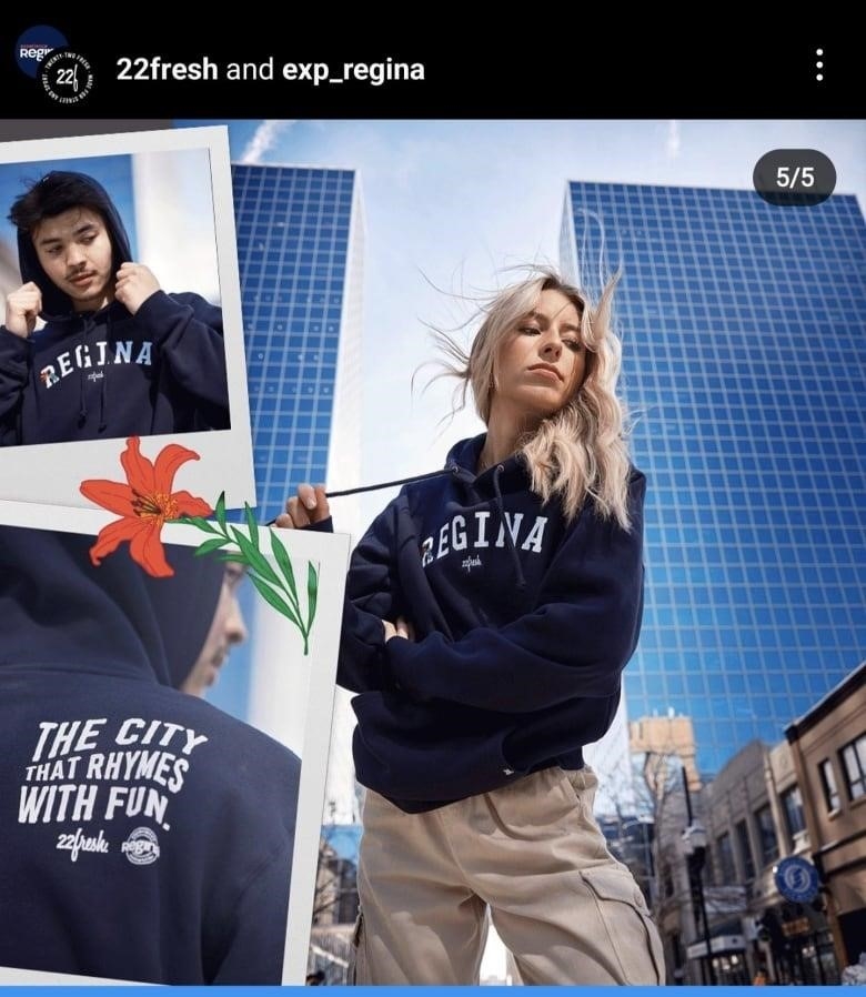 A since deleted post from 22Fresh advertising merchandise as part of the Experience Regina rebrand. The sweaters featured the slogan "The city that rhymes with fun."