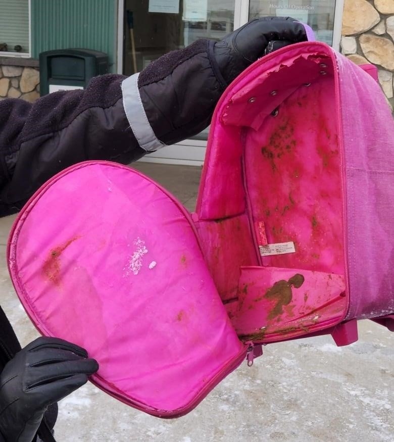 A small pink backpack with cat feces. 