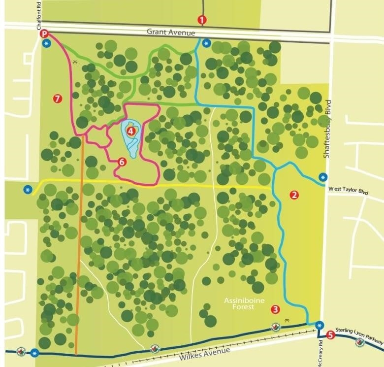 A colourful diagram shows a green park with colourful lines indicating trails throughout.