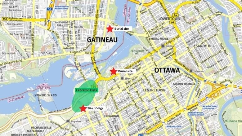 A map of downtown Ottawa and Gatineau with 3 red stars marking burial or dig sites.