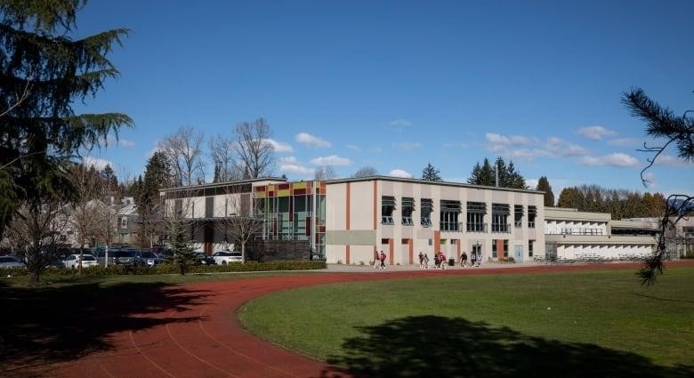 A school building under blue skies, with a red running track in the foreground enclosing green turf.