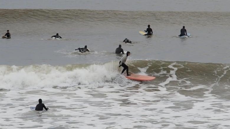A person surfs a small wave. There are several other people wearing wetsuits in the water in the background.