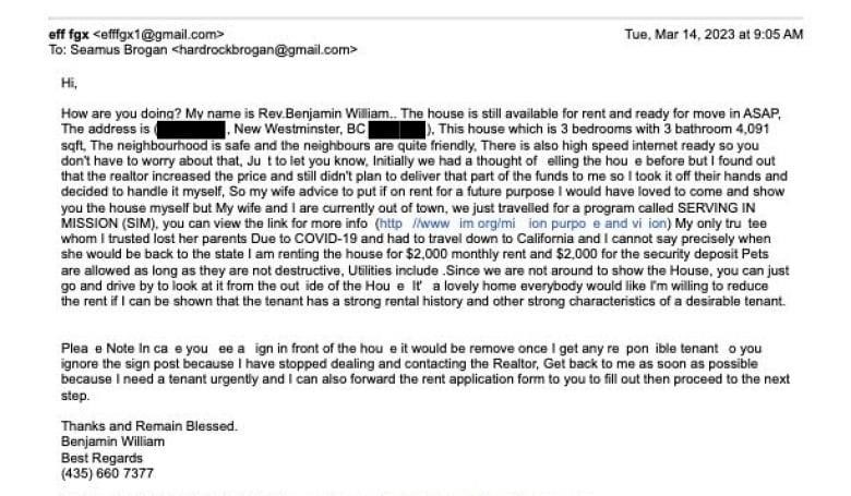 The email Paul McNamara received from an alleged scammer attempting to rent out his New Westminster home. 