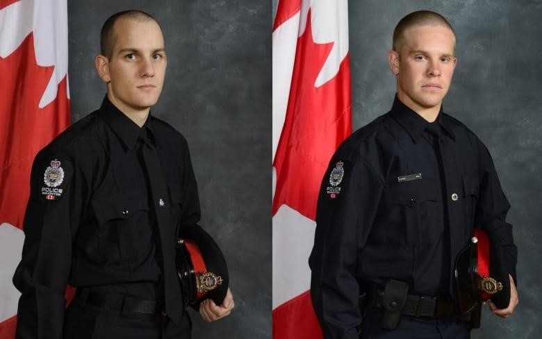 Composite image showing two men in black police uniforms.