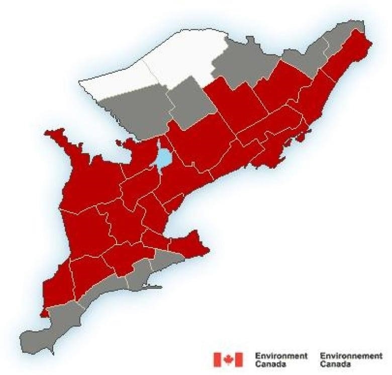 A colour-coded map of southern Ontario is split between white, grey and red.