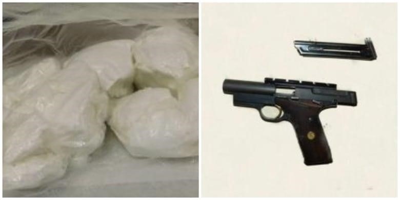 A white substance in clear plastic bags and a brown and black handgun. 
