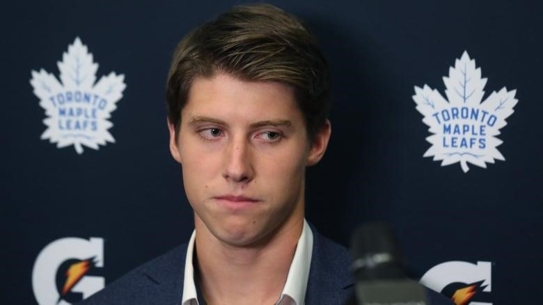 Mitch Marner takes questions from the media during a press conference at the Paradise Double Ice Complex in Paradise, NL on Sept. 14, 2019.