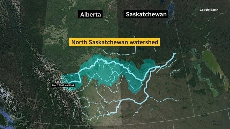 A map of Alberta, and Saskatchewan, showing the location of the North Saskatchewan River and its associated watershed.  