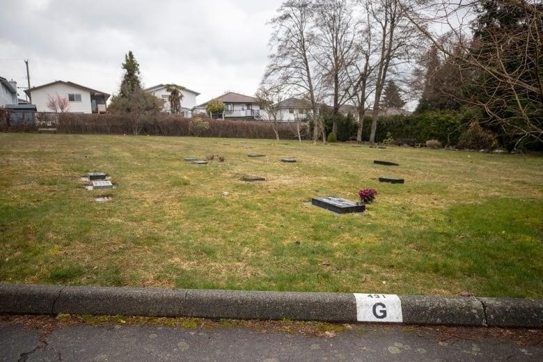 Stone gravemarkers are pictured in a grassy cemetery on an overcast day. Residential homes are visible beyond a hedge in the background.