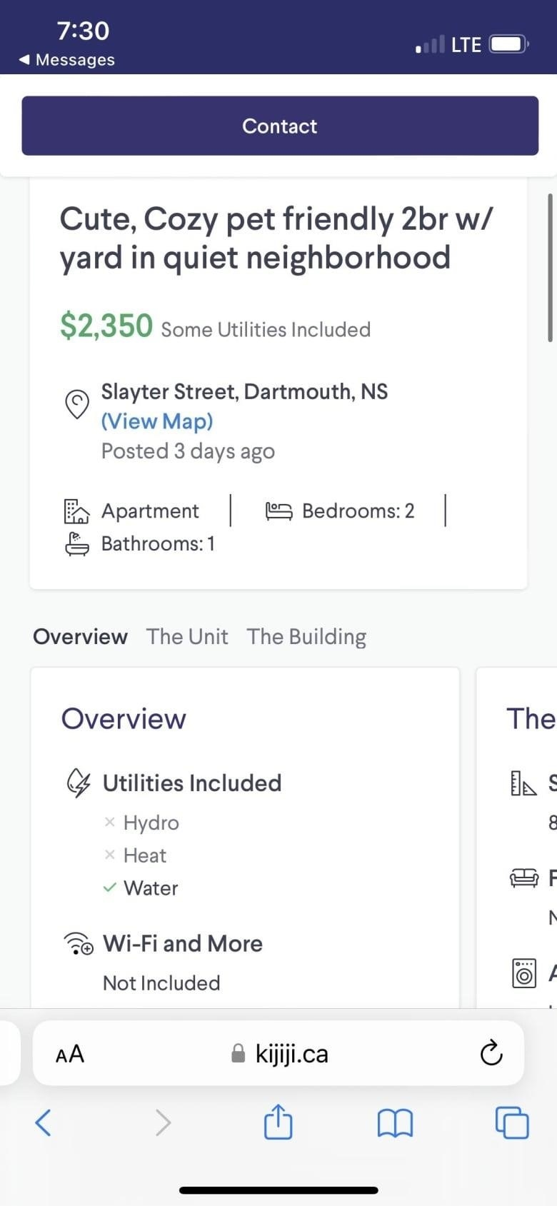 A rental ad shows a 2-bedroom apartment listed for $2,350.