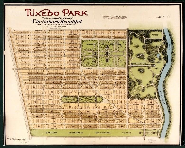 A neighbourhood street map titled Tuxedo Park, showing Assiniboine Park and a street layout.