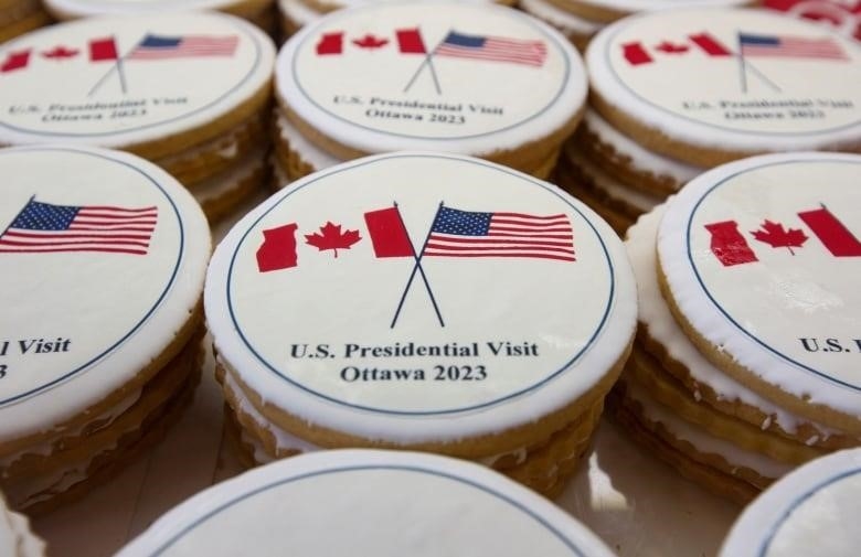 Cookies decorated with U.S. and Canada flags are on display at a bakery in Ottawa.