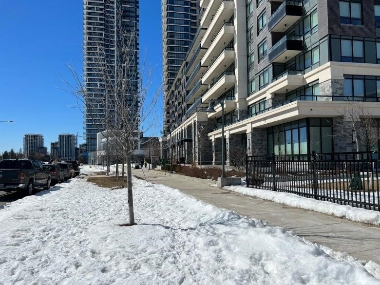 A picture of a condo on Water Walk Drive in Markham with another condo tower in the background. Police believe Isabella Dan lived in this area.