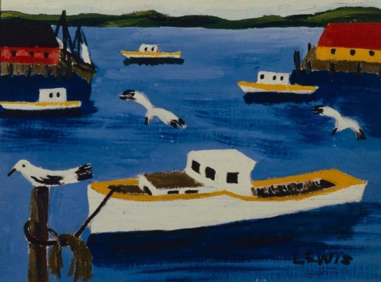 A painting of white boats and seagulls in a harbour.