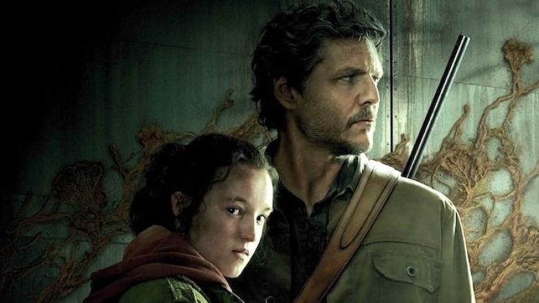A man looks off-screen, and a girl looks at the camera in a dark wilderness landscape.