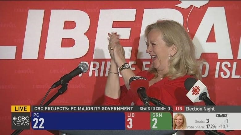 Liberal Leader Sharon Cameron claps as she celebrates her party, which is expected to form the Official Opposition.