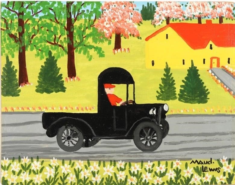 A colourful Maud Lewis painting of a truck on a road is shown.