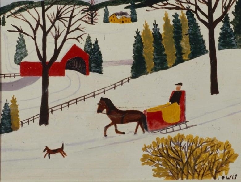 A painting of a red sled being pulled by a horse, in a winter scene.