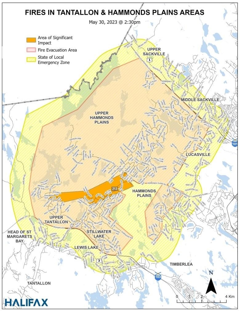 A map shows the fire evacuation area and the local state of emergency area, as of noon Monday.