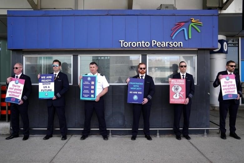 A line of six men holding signs with messages related to WestJet and a looming strike