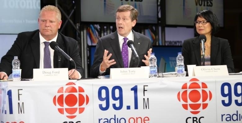Doug Ford, John Tory and Olivia Chow appear at CBC's town hall debate.