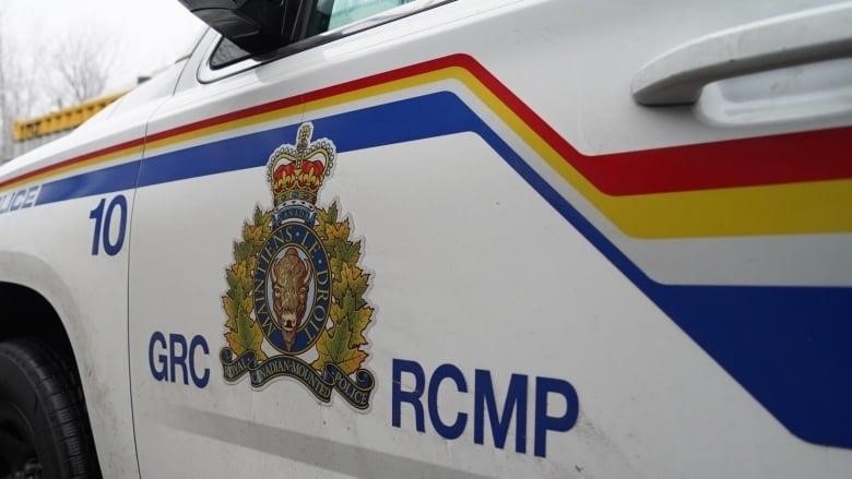 A logo on the door of an RCMP vehicle is pictured on a cloudy day.