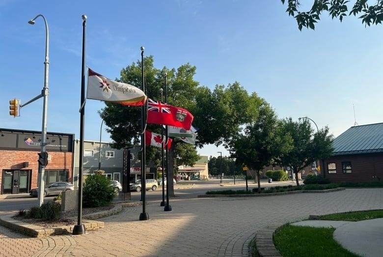 Green trees and flagpoles, with the flags at half-mast.