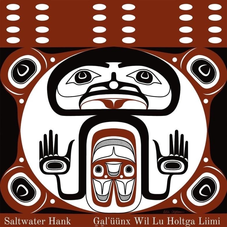 Black, red, and white image in northwest coast First Nations style, with text along the bottom. 