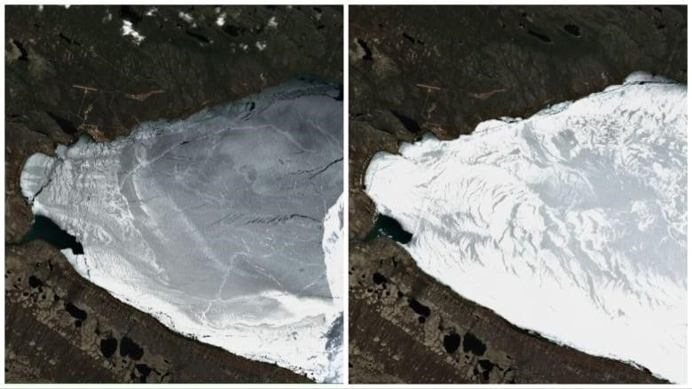 Two satellite imagery photos side by side - on the left, the ice is a lighter shade of grey and has cracks running through it. On the right, it's a brighter white and has fewer cracks. 