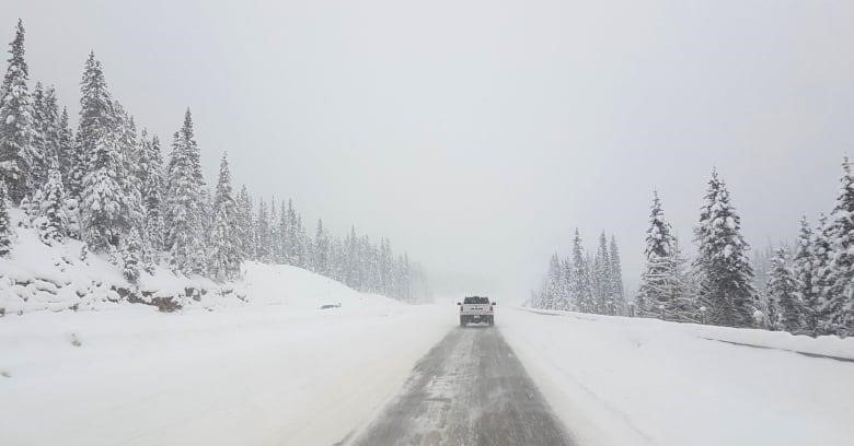 A pickup truck drives along the clear centre lane of a snow-covered highway surrounded by trees as snow falls.