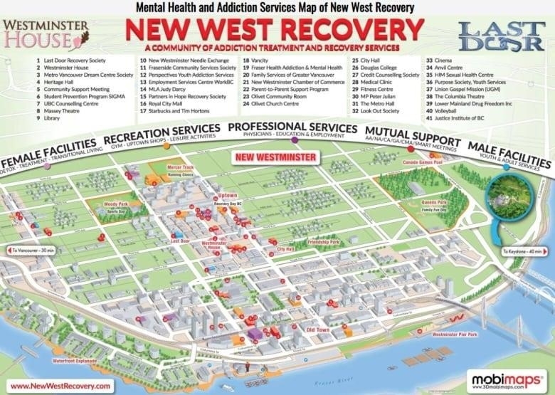 A map of New West minister with "New West Recovery" over top.