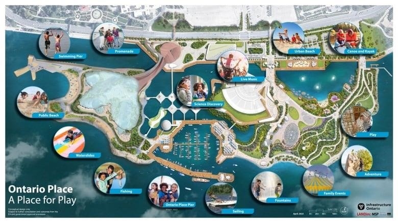 A rendering of the provincial government's latest vision for the Ontario Place redevelopment.