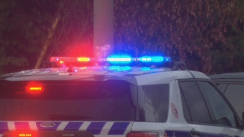 Sirens atop a white and blue police vehicle.