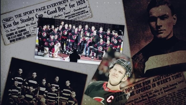 graphic with assorted images of hockey players and newspaper headlines