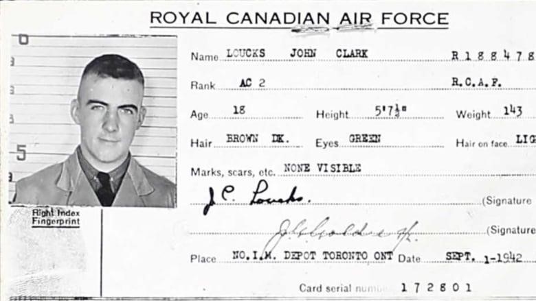 A black-and-white ID card of a Second World War Canadian airmen is shown. 