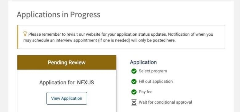 A Nexus application that says, Applications in Progress and, Pending Review.
